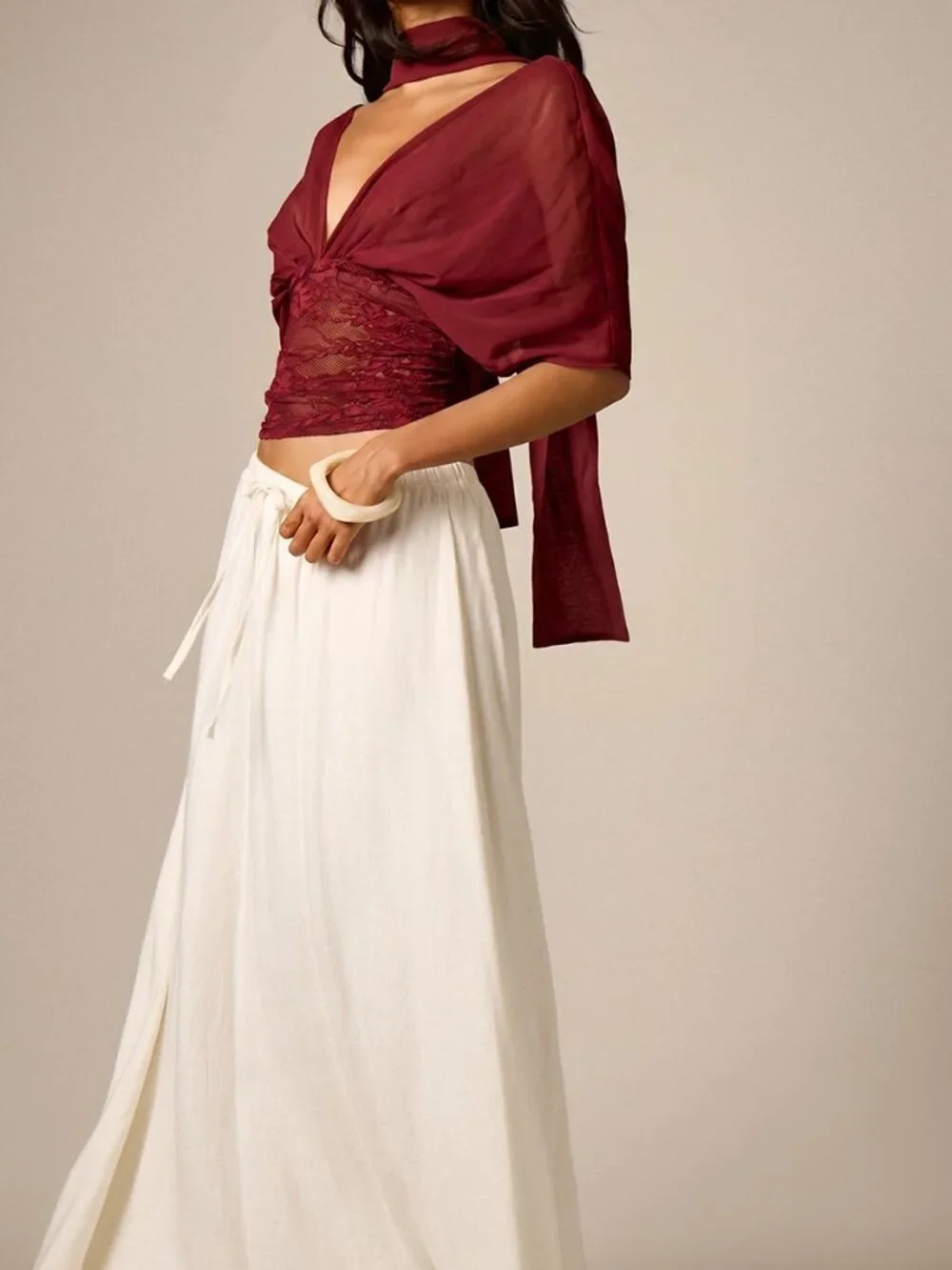 Burgundy Elegant Women's Lace Panel Crop Top